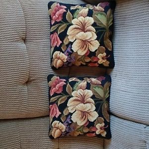 Floral Needlepoint Decorative Pillows, Matching Set of Two